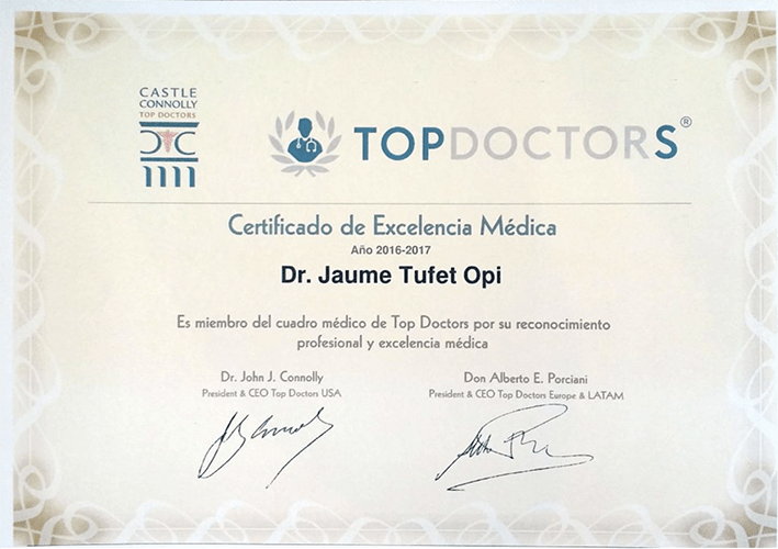 certificado top doctors excelencia médica dr. jaime tufet